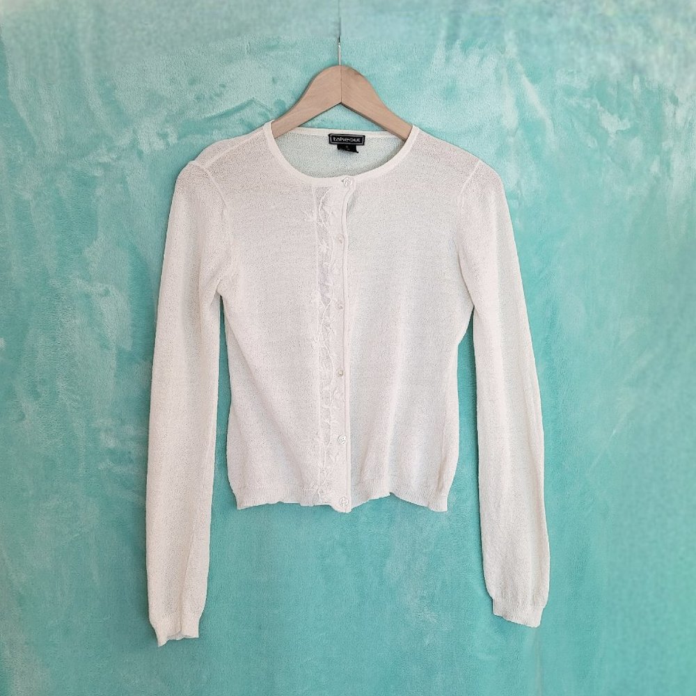 Vintage 1980's "Takeout" white embroidered button-up knit size small
